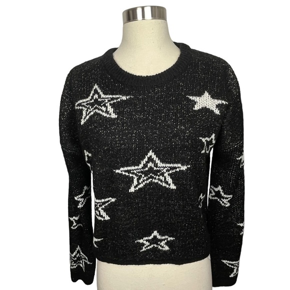 Black & Gold Metallic Crewneck Knit Cropped Sweater With Stars Size S/M - Picture 1 of 9